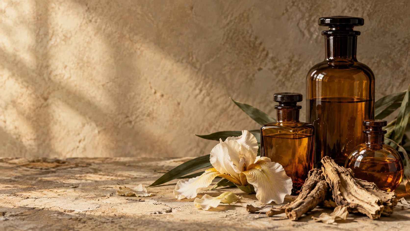 Amber perfumery bottles, an ivory iris and orris roots in warm sunlight